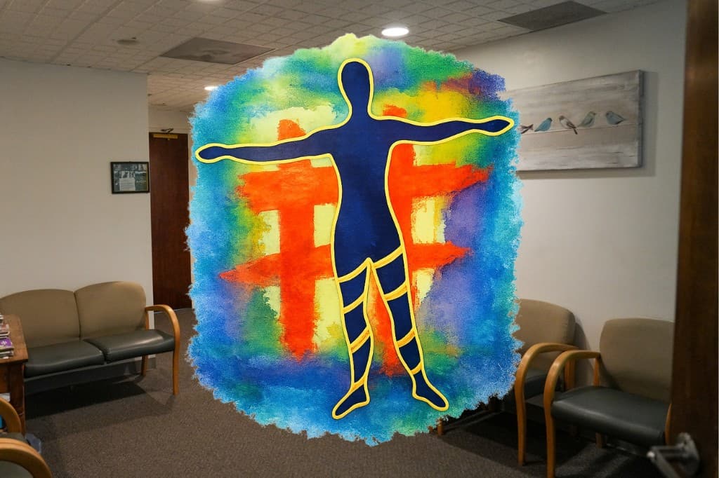 Colorful mural of a human figure radiating wellness in a calm waiting room