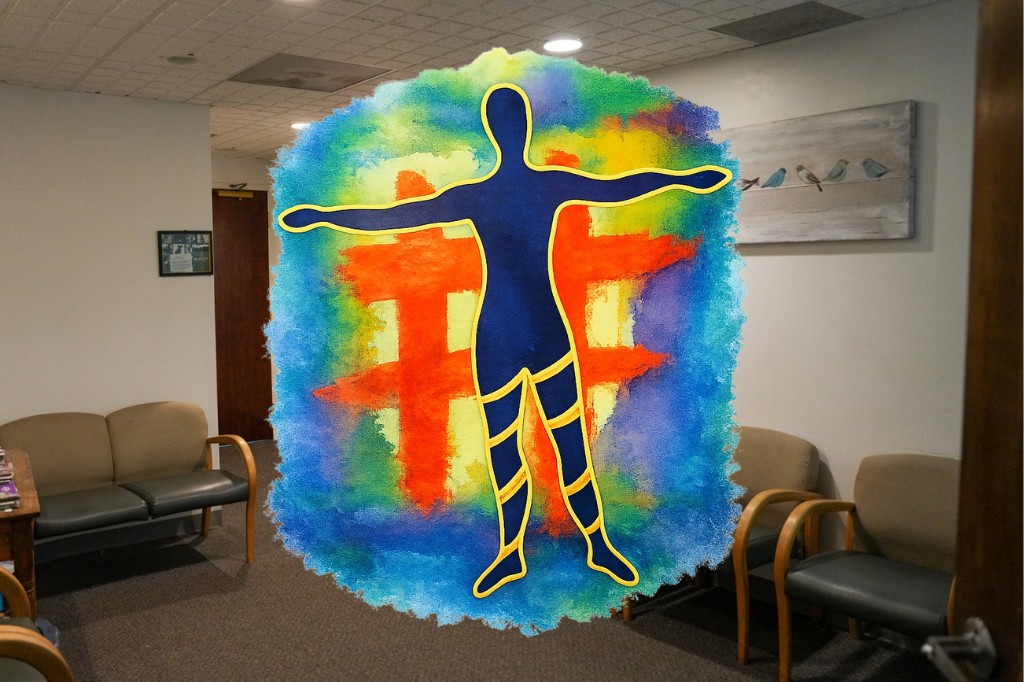 Colorful mural of a human figure radiating wellness in a calm waiting room